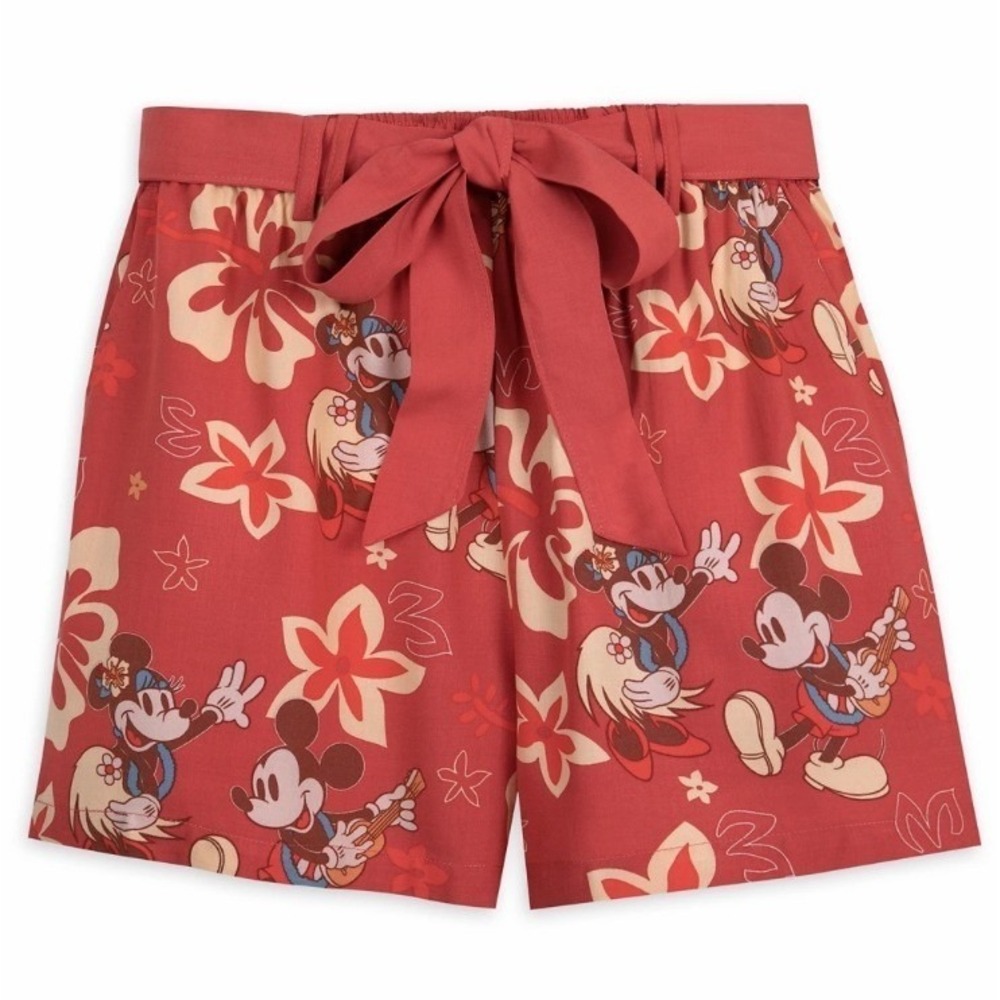 Disney Parks Mickey Minnie Mouse Tropical Hibiscus Shorts Red XS NWT